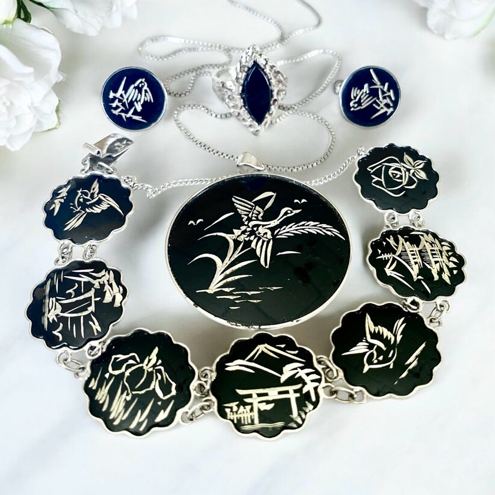 Vintage Amita Japan Damascene Jewelry Set Lot Black Silver Sterling Parure